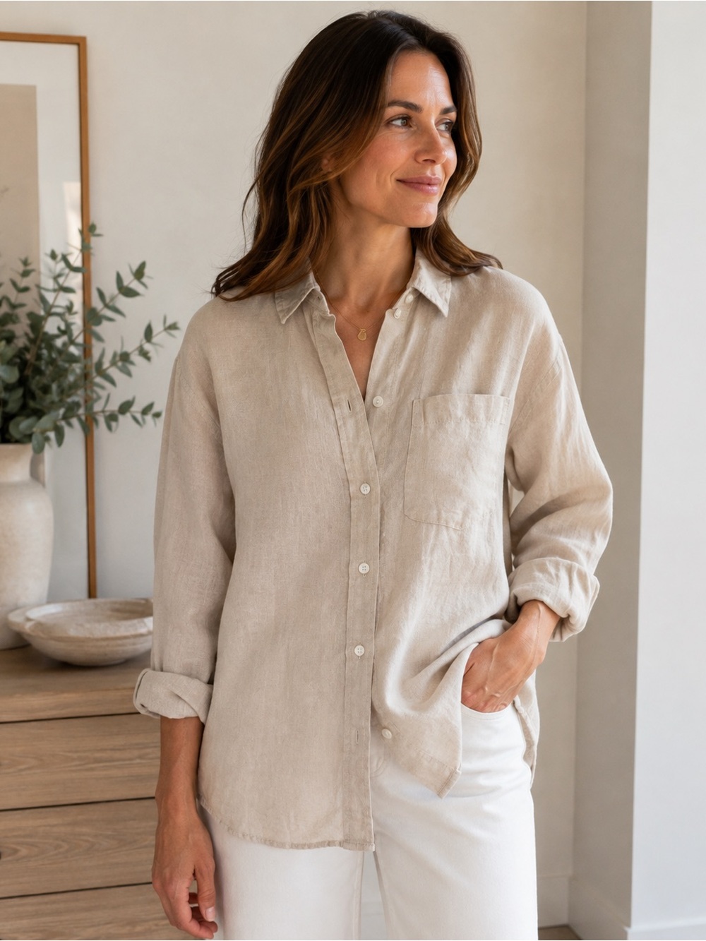 Light Beige Linen Button-Down Shirt